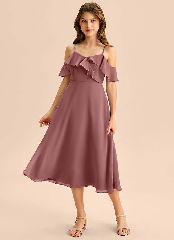 Azazie Kamilla Junior Abito A-Line in Chiffon a Spalla Scoperta Rosa Del Deserto image1