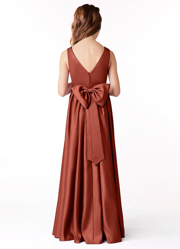 Azazie Hathaway Junior Vestido de Terracota de Satén Elástico de Corte en A con Lazo image1