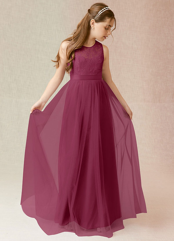 Azazie Georgette Junior Mulberry A-Line Lace Tulle Dress image1