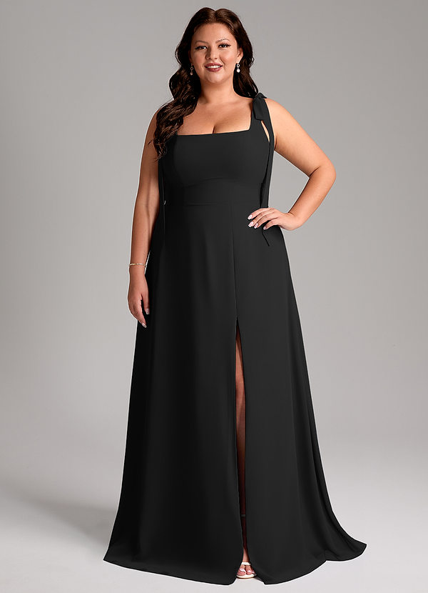 Azazie Debra Bridesmaid Dresses Black A-Line with Pockets Chiffon Convertible Dress image1