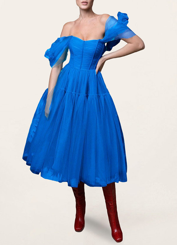 front Divine Invitation Royal Blue Tulle Midi Dress