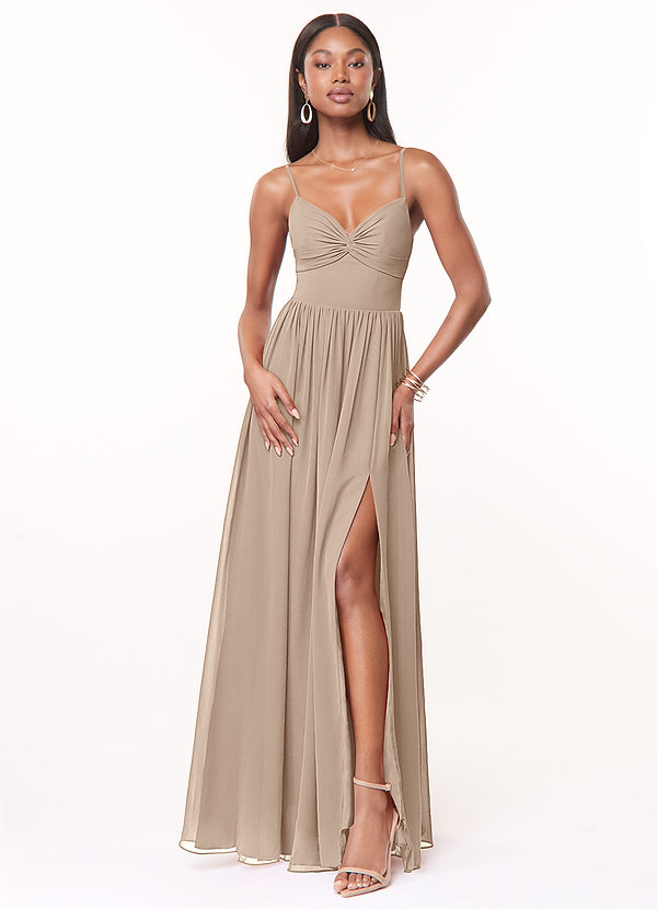 Azazie Zeya Bridesmaid Dresses Taupe A-Line V-Neck Pleated Chiffon Dress image1
