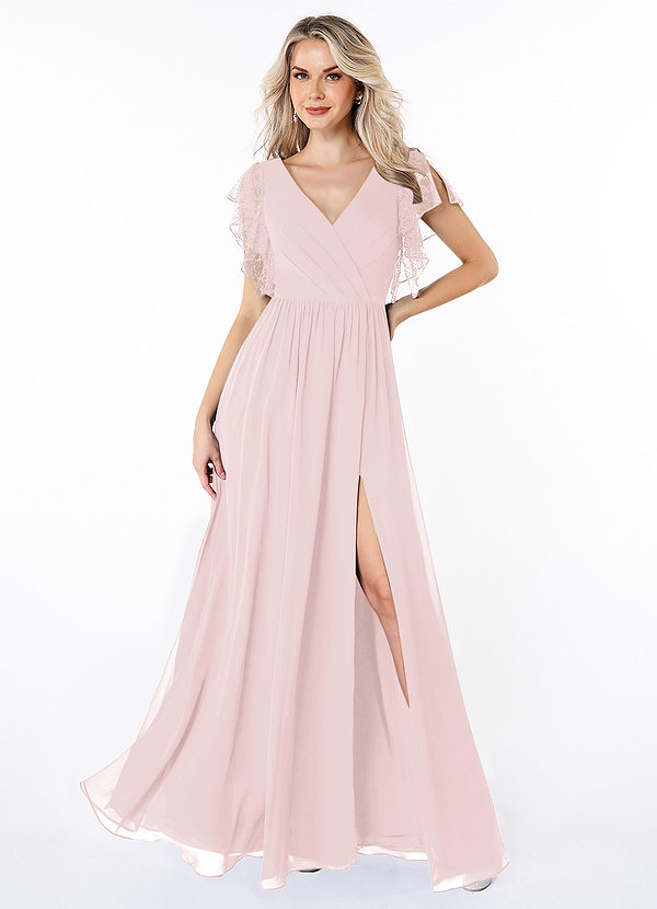 Azazie Zella Bridesmaid Dresses A-Line Lace Chiffon Floor-Length Dress image1