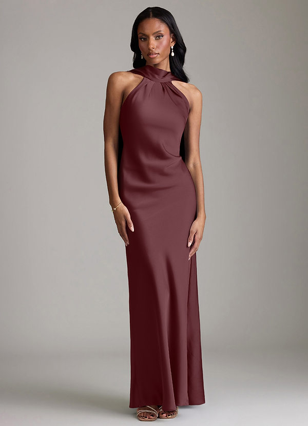 Azazie Cassiana Bruidsmeisjes Jurken Jurk van Stretch Satijn met Zeemeermin Geplooid Sangria image1