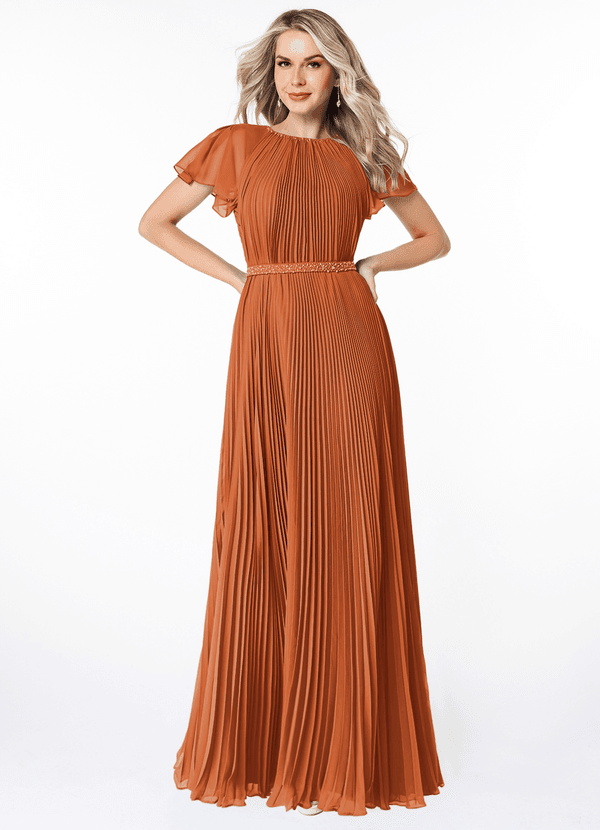 Azazie Kara Modest Bridesmaid Dresses A-Line Pleated Chiffon Floor-Length Dress image1