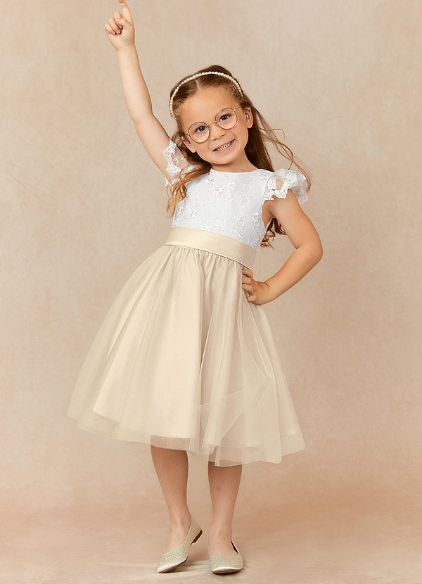 Azazie Vetty Flower Girl Dresses Ivory Champagne A-Line Lace Tulle Dress image1