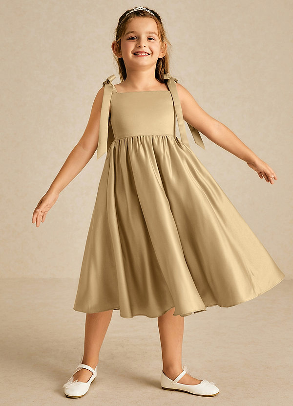 Azazie Chelsie Flower Girl Dresses Gold A-Line Bow Matte Satin Dress image1