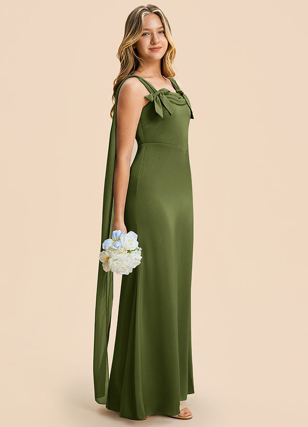 Azazie Chelsea Junior Olive Sheath Pleated Stretch Satin Dress image1