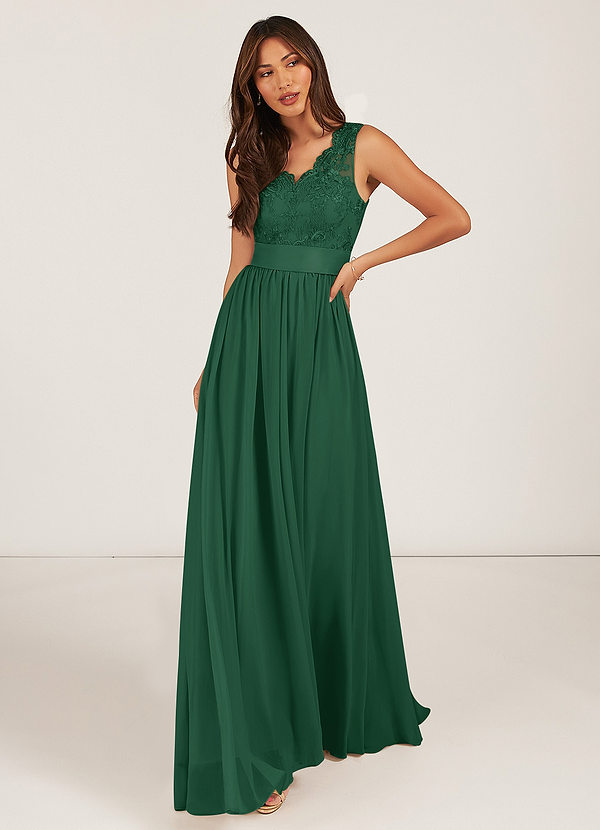 Azazie Gertrude Bridesmaid Dresses Dark Green A-Line Lace Chiffon Dress image1