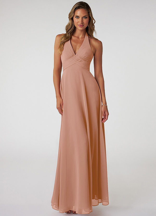 Azazie Tessie Vestidos Dama de Honor Vestido de Champán Rosado de Gasa de Corte en A con Cuello en V plisado image1