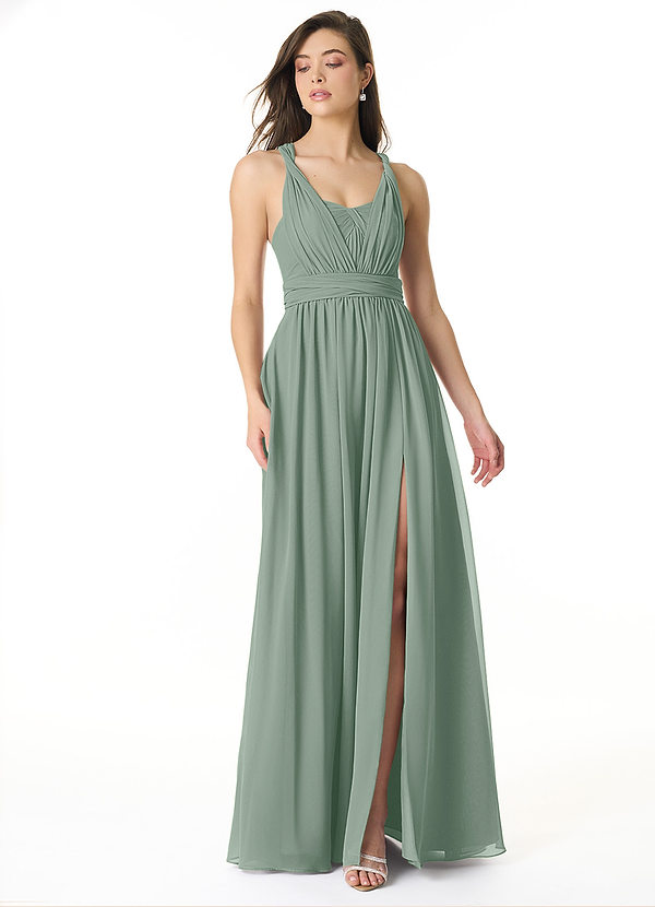 Azazie Olani Bridesmaid Dresses Silver Sage A-Line One Shoulder Chiffon Convertible Dress image1