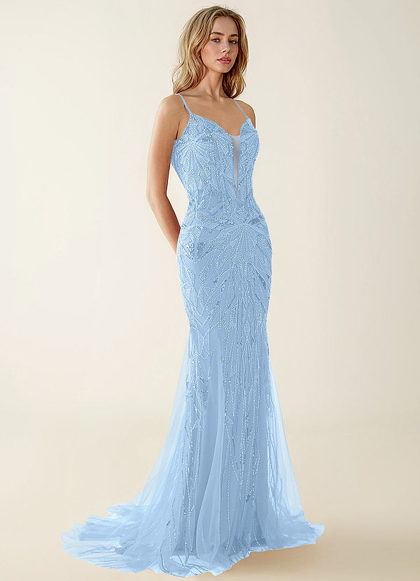 Lennonsen Azul Cielo Vestido de fiesta de tul con bordado de lentejuelas y cuentas image1