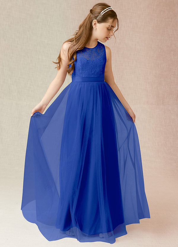 Azazie Georgette Junior Royal Blue A-Line Lace Tulle Dress image1