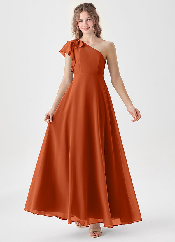 Azazie Arabella Junior Robe Trapèze en Mousseline de soie Rayé Orange Brûlée image1