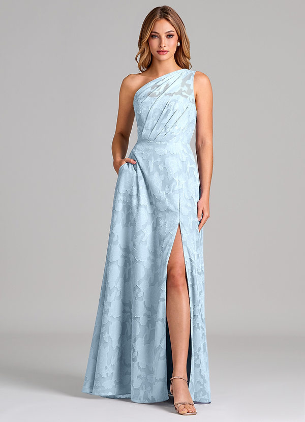 Azazie Phaedra Bridesmaid Dresses Sky Blue A-Line One Shoulder Floral Burnout Dress image1