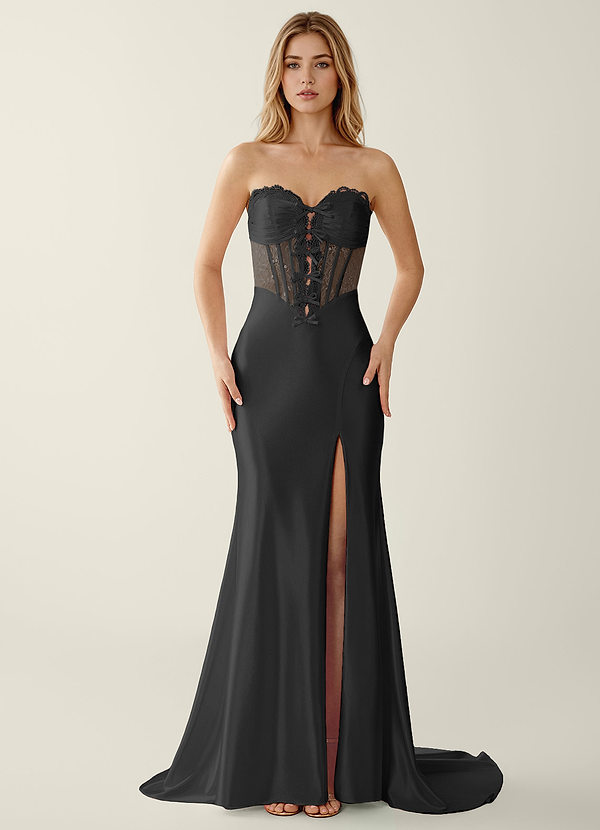 Willowcom Noir Robe de bal en satin stretch brodé de sequins et de dentelle image1