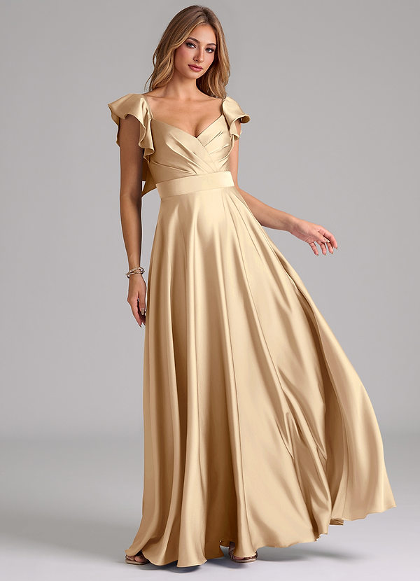 Azazie Leilani Bridesmaid Dresses Champagne A-Line Ruched Stretch Satin Dress image1