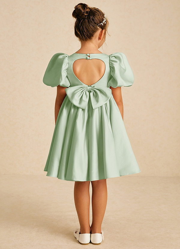 Azazie Muffin Flower Girl Dresses Dusty Sage A-Line with Sleeves Matte Satin Dress image1