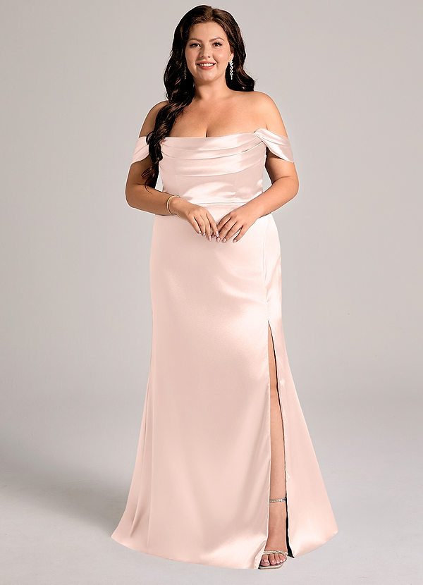 Azazie Saige Suknie dla druhen Osłona Zza ramienia Metaliczny satynowy Do ziemi Sukienka image1