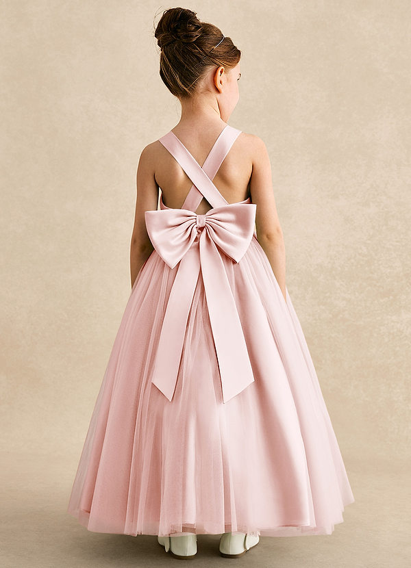 Azazie Peanut Robes de Fillette d'Honneur Robe Trapèze en Tulle Bretelle Rose Pâle image1