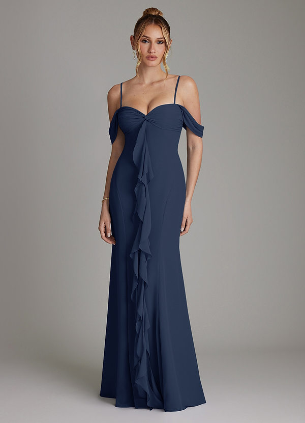 Azazie Karmela Bridesmaid Dresses Dark Navy A-Line Off the Shoulder Chiffon Dress image1
