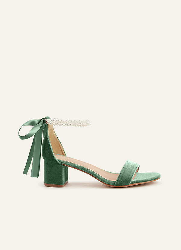 front Matching Color Velvet Pearl Strap Block Heel Sandals