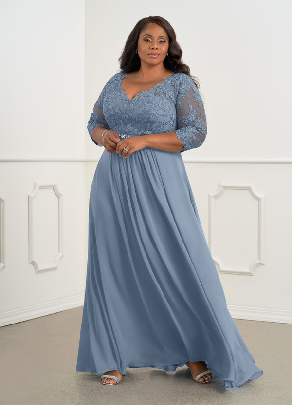 Azazie Hayek Mother of the Brides Dresses Dusty Blue A-Line V-Neck Lace Chiffon Dress image1