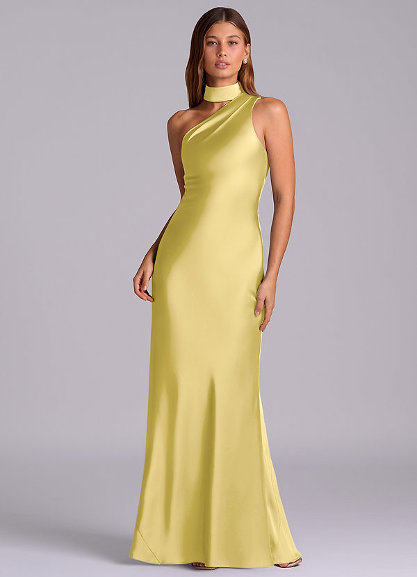 Azazie Seona Vestidos de Dama de Honor Vestido Canário de Cetim elástico de sereia com Ombro Único image1