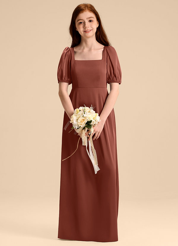 Azazie Briar Junior Robe Trapèze en Satin extensible Arc Auburn image1