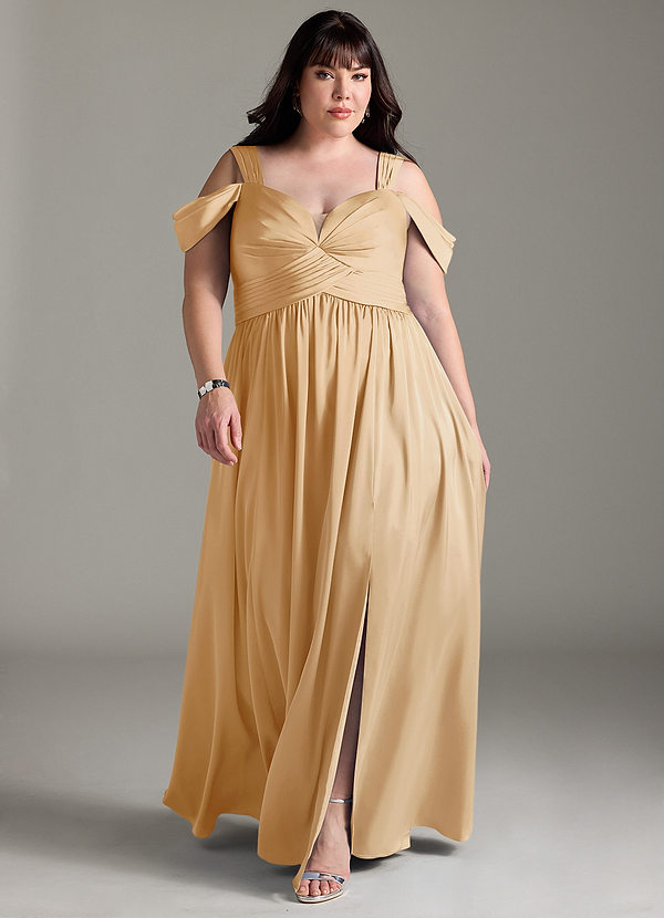 Azazie Lianne Bridesmaid Dresses Gold A-Line Off the Shoulder Stretch Satin Dress image1