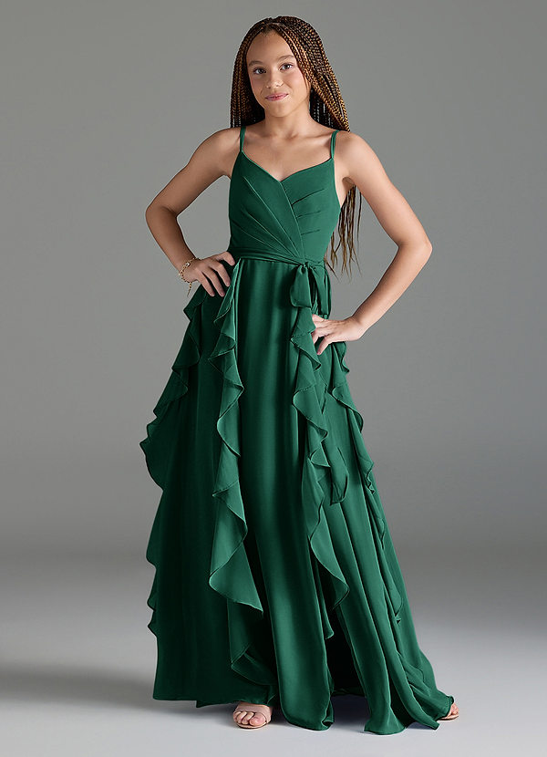 Azazie Peyton Junior Emerald A-Line V-Neck Cascading Ruffles Chiffon Dress image1
