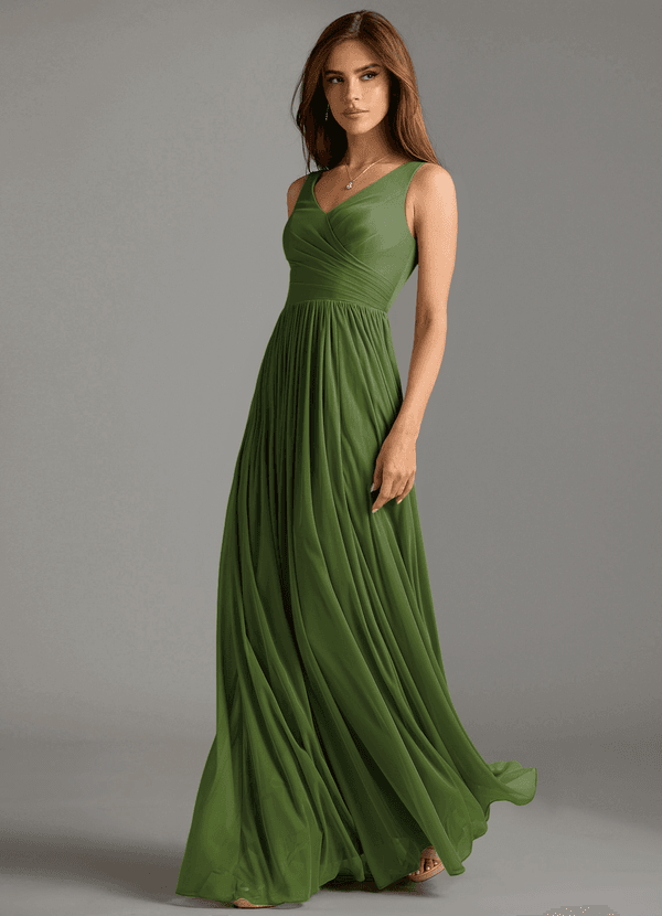 Azazie Keyla Bridesmaid Dresses Olive A-Line Pleated Mesh Dress image1