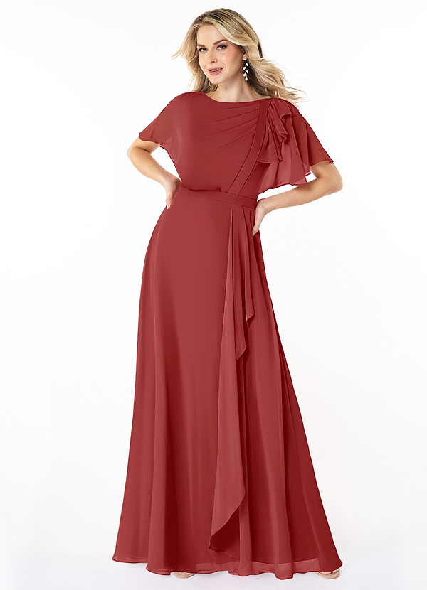 Azazie Aaliyah Modest Bridesmaid Dresses A-Line Scoop Pleated Chiffon Floor-Length Dress image1