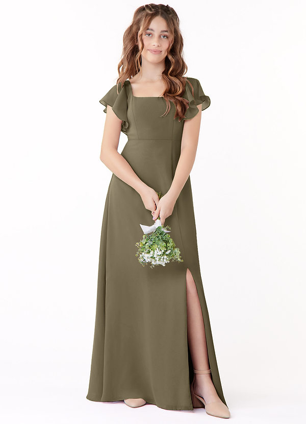 Azazie Bondi Junior Willow Green A-Line Bow Chiffon Dress image1