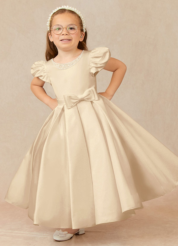 Azazie Jewel Flower Girl Dresses Champagne Ball-Gown Pleated Matte Satin Dress image1