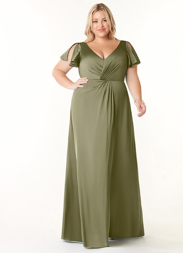 Azazie Soren Bridesmaid Dresses Pistachio A-Line Pleated Stretch Satin Dress image1