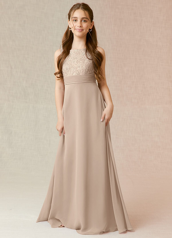 Azazie Snow Junior Taupe A-Line Lace Chiffon Dress image1