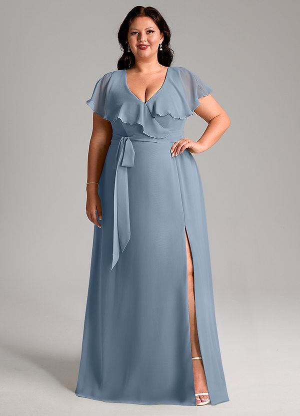 Azazie Lainey Bridesmaid Dresses Dusty Blue A-Line with Pockets Chiffon Dress image1
