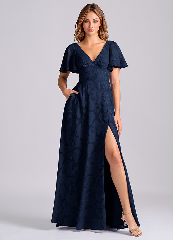 Azazie Kimber Bruidsmeisjes Jurken Jurk van Bloemen Burn-out met A-Lijn met Zakken Donkere Marine image1