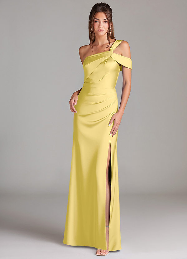 Azazie Wynter Robes de demoiselle d'honneur Robe Fourreau en Satin extensible Asymétrique Canari image1