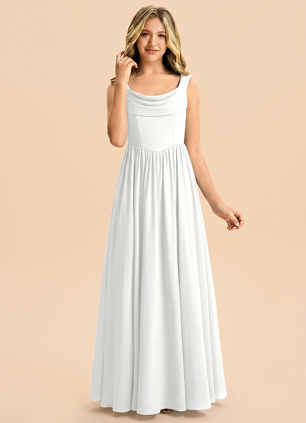 Azazie Novi Junior Vestido Blanco de Satén Elástico de Corte en A con Plisado image1