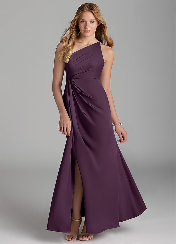 Azazie Mika Junior Robe Trapèze en Satin extensible Plissée Prune image1