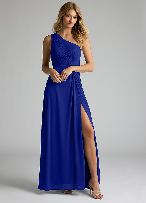 Azazie Brooke Vestidos de dama de honor Vestido de Azul Real de Malla de Corte En A con Hombro unilateral image1