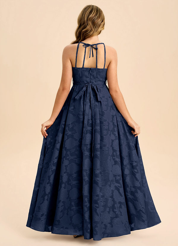 Azazie Arianthe Junior Dark Navy A-Line Pleated Floral Burnout Dress image1