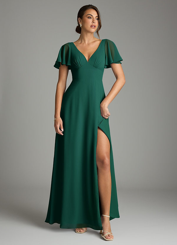 Azazie Kimber Bridesmaid Dresses Emerald A-Line Flounce Sleeve Chiffon Dress image1