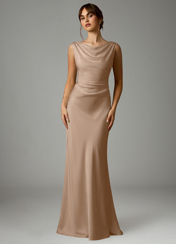 Azazie Kieryn Bridesmaid Dresses Taupe Mermaid Pleated Stretch Satin Dress image1
