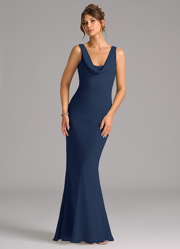 Azazie Rylina Bridesmaid Dresses Dark Navy Mermaid Pleated Chiffon Dress image1