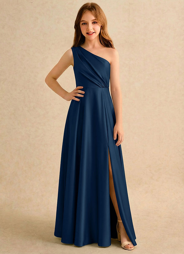 Azazie Puddles Girls Formal Abiti da Ragazza di Fiori Abito A-Line in Raso Elasticizzato Monospalla Marino Scuro image1