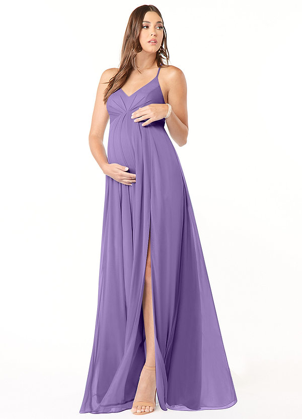 Azazie Annabelle Maternity Bridesmaid Dresses A-Line V-Neck Pleated Mesh Floor-Length Dress image1