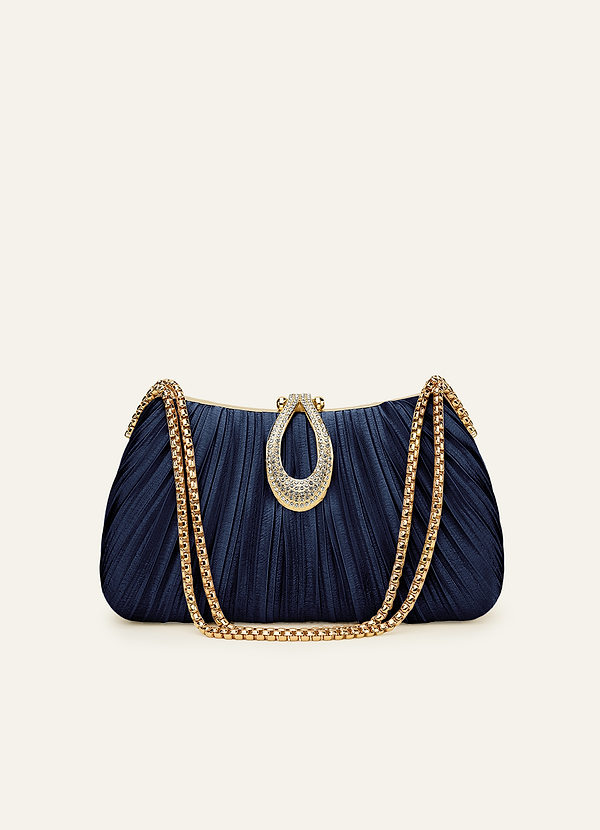 front Matching Color Crystal Buckle Pleated Satin Clutch Bag